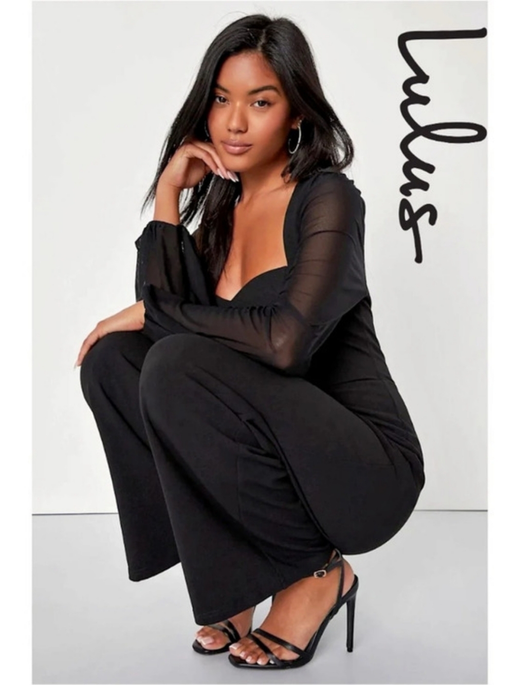 Lulus Perfect Charisma Black Mesh Long Sleeve Wide-Leg Jumpsuit